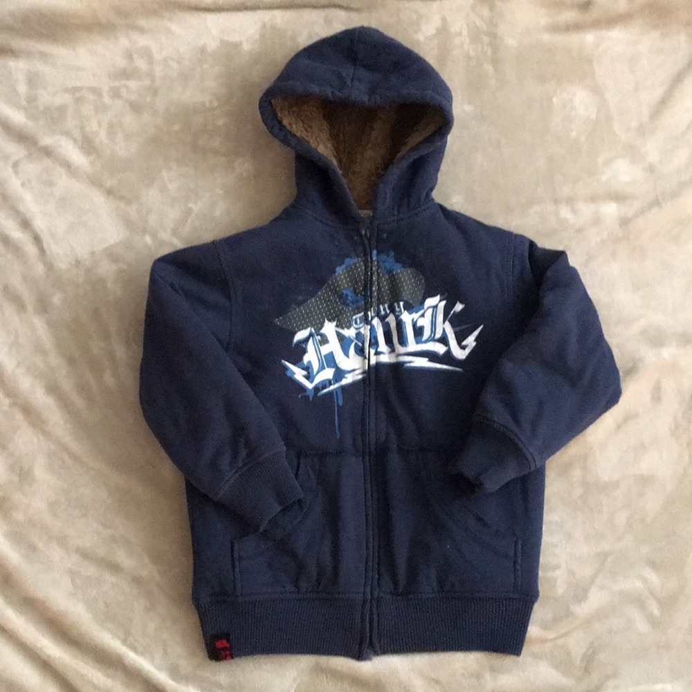 Thick hooded zip up sweater.